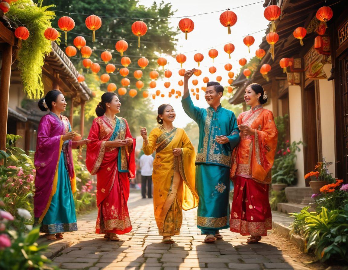 A vibrant festival scene showcasing a diverse group of Asian families joyfully celebrating together, adorned in colorful traditional outfits, with decorations featuring lanterns and flowers. Children play with sparklers while elders share stories, highlighting unity and happiness amidst varied cultural symbols. The background is filled with lush greenery and a bright sky to convey warmth and positivity. super-realistic. vibrant colors. 3D.