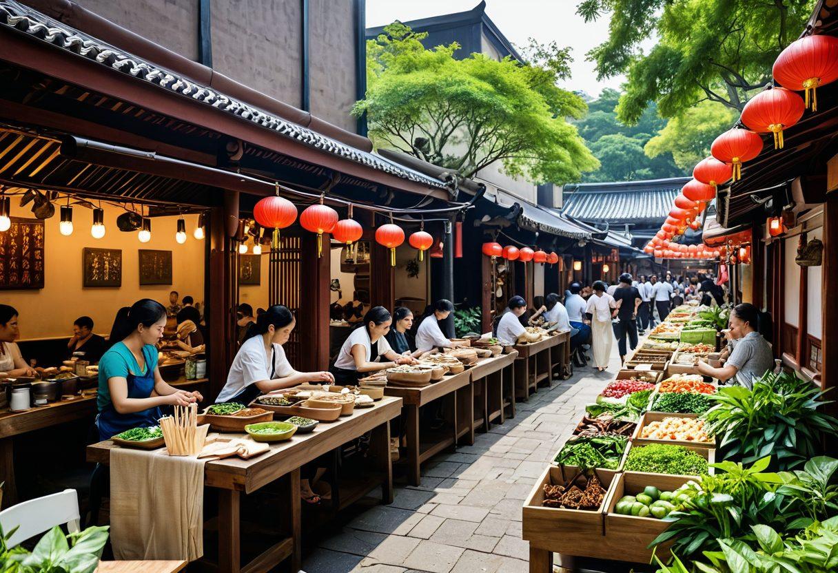 A vibrant marketplace showcasing an array of Asian spices, fruits, and street food vendors. Incorporate colorful dishes like sushi, dim sum, and pho being enjoyed by diverse people at tables, creating a sense of community. Surround the scene with lush greenery and traditional Asian architecture in the background. Use warm, inviting colors to evoke a sense of joy and adventure in exploring culinary flavors. super-realistic. vibrant colors. 3D.