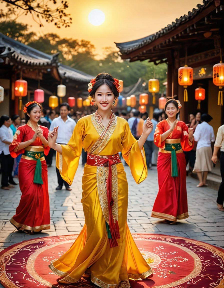 A vibrant scene showcasing a diverse group of Asian individuals joyfully celebrating traditional festivals, dressed in colorful cultural attire. Include elements of food, music, and dance that highlight the richness of Asian heritage, surrounded by beautiful decorations like lanterns and flowers. The background should be alive with a sunset setting, casting warm golden hues on the festivities. super-realistic. vibrant colors. ethereal lighting.